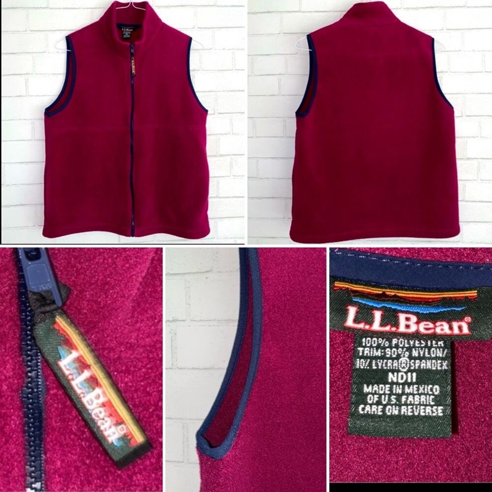 LL Bean Vintage Womens Cranberry & Navy Fleece Vest MED EUC